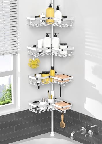 Kegii Teleskop Duschregal Chrom - Duschablage Ohne Bohren Ecke Teleskopregal Bad Shampoo Halterung für Dusche(Eckregal, Organizer Bad, Edelstahl)