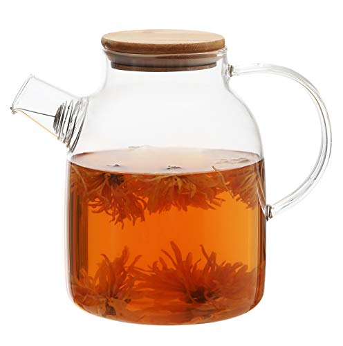 Teekanne Glas 1,5 Liter mit Holz Deckel und Filter - Für heiÃe und kalte Getränke - Spülmaschinenfest - Kälte- und Hitzebeständig - Ideal Sommer oder Winter