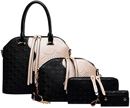 SIFINI Women Handbags Elegant Beauty Pattern PU Leather Shoulder Bag 4pcs Tote Bag (black1)