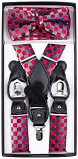 Formal Contemporary Plaid Check Convertible Suspenders Pre-tied Bow Tie & Hankie Set (Red & Gray)