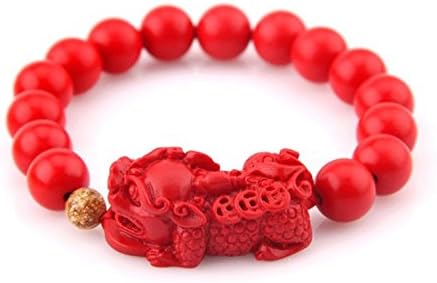Chinese Red Cinnabar Beads Bracelet Golden Sand Gold Foil Stretch Bracelet Lucky Gift (Pixiu)