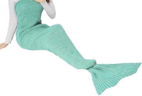 LONGFIT Mermaid Tail Blanket For Kids Teens Adult Handmade Wave Mermaid Blankets Crochet Knitting Blanket Seasons Warm Soft Living Room Sleeping Bag Best Birthday Christmas gift (71"x35.5", Green)