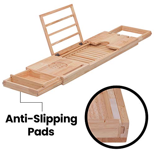 MOMONI Premium Luxury Wood Bathtub Caddy Tray with Expandable Side Holders Non Slip Bathtub Bed and Bath Table Tray with Book, Tablet, Cellphone Holder Him and Her Gift Idea - Thumbnail 3