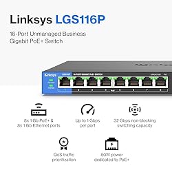 Linksys LGS116P 16 Port Gigabit Unmanaged Network