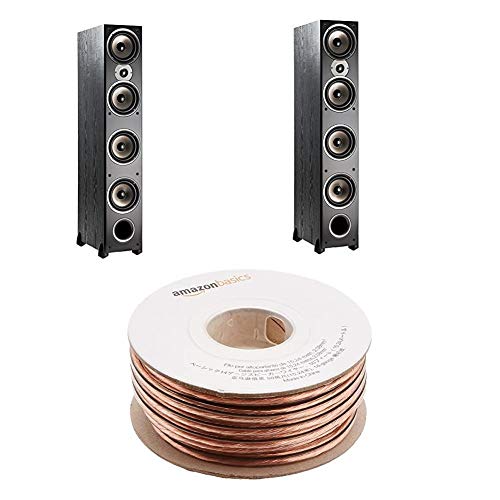 Polk Audio Monitor 70 Floor Standing Tower Speaker (Pair) with Amazon Basics 14 Gauge 50′ Wire Cable | Home Theater with Big Sound | Incredible Value | Black