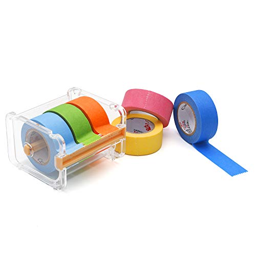 HERNGEE Masking Tape with Washi Tape Dispenser, 6pk of 1inchx16.4yd Easy Removal Colored Frog Tape Art Supplies Writable Blue Tape for Labeling, Decorations