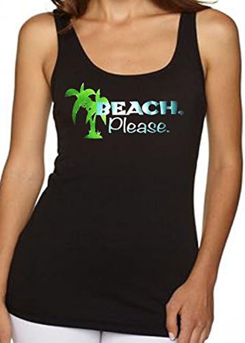 U.S. Custom Ink Women's Beach Please Palm Tree Tank Top Black (Large)