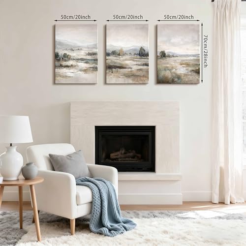 3 Pcs Abstract Fog Field Modern Pictures Decoration With Frame, Blue Beige Mountains Landscape Picture and Prints Retro Tranquility Marisma Decorative Canvases Home for Living Room Bedroom 50 x 70 cm