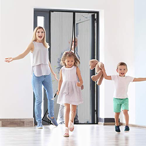 MUANNA Magnetic Screen Door - Ultra Strong Heavy Duty Mesh with Magnets - Hands Free, Self Magnetic Seal, Keeps Bugs Out, Pet and Kid Friendly - Fits Door Size Up to W 34\'\' x H82\'\', Black