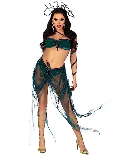 LEG AVENUE 4 PC Medusa, includes iridescent asymmetrical bra top with stuffed snake accent, skirt with built in panty and snake waist, arm wrap, and wired glitter snake headband