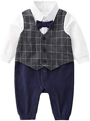 Newborn Baby Boys Gentleman Romper with Tuxedo Bow Tie Toddler Infant Long Sleeves Plaid Jumpsuit Outfit