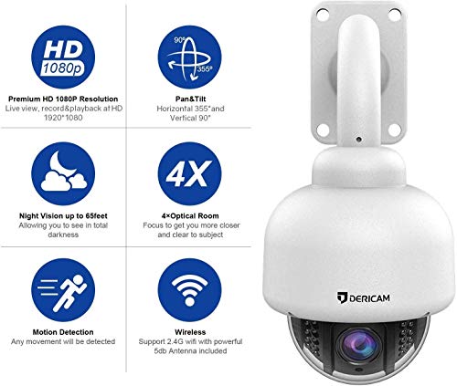 Dericam Outdoor Wireless Security Camera,Outdoor PTZ Camera,Crystal Full HD 1080P,4 X 0ptical Zoom,Auto Focus,Pre-Installed 32GB Memory Card,S2-32G White