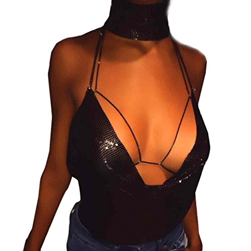 Sequins Crop Tops, Hot Sale! Tloowy Women Sexy Halter V-neck Vest Tank Tops Backless Sleeveless Bra Club Wear Nightclub (Black) - Thumbnail 3
