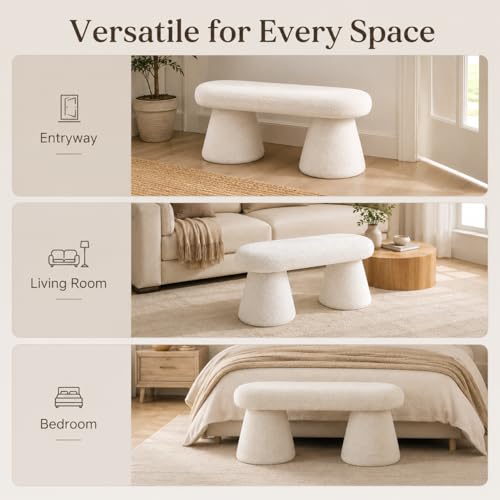 Modern Boucle Ottoman Bench, White Oval Upholstered Entryway Bench with Conical Pedestal Bases, Sherpa Accent Bench Foot Rest Extra Seat for Living Room Bedroom End of Bed, 100 x 40 x 43 cm