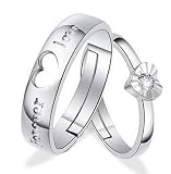Pair of Platinum Plated Lovers Heart Silver Crystal Couple Rings Her and His Promise Ring Band Men size 8 Women size 10