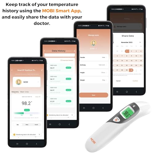 MOBI CONNECT Smart DualScan Bluetooth Ear & Forehead Thermometer - Backlit Screen, LED Fever Indicators, Memory Recall of Last 20 Readouts, Farenheit & Celsius Mode, Room Temperate with Date & Time