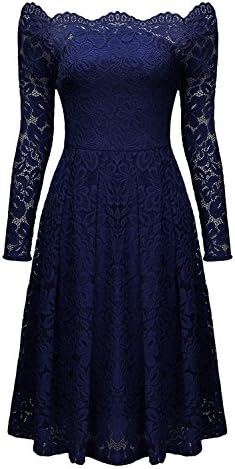 Aibwet Women's Vintage Floral Lace Long Sleeve Boat Neck Cocktail Formal Swing Dress (XXL, Navy Blue)