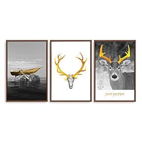 3 Panel Framed Canvas Wall Art for Living Room, Bedroom Deer with Gold Antlers Canvas Prints for Home Decoration Ready to Hang - 16"x24"x3 Panels