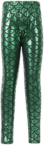Girl's Glittery Shiny Little Mermaid Fish Scale Print Leggings Pants,Green,XL