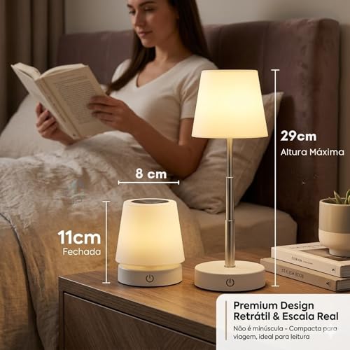 Abajur de Mesa LED Recarregável Luminária Sem Fio Touch 3 Níveis de Brilho Ajustável USB-C Decorativa Quarto Cabeceira Sala Escritório JP Varejo Online