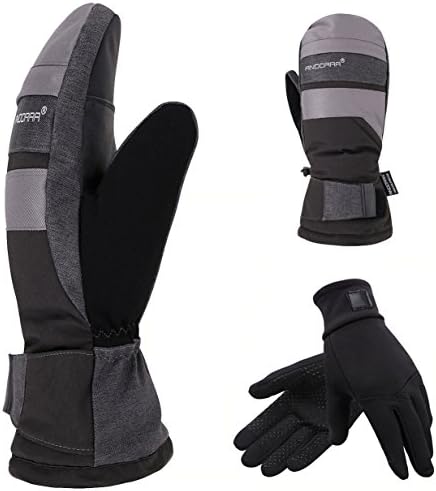 2-in-1 Touch Screen Winter Ski Mitts + Liner Gloves, 3M Thinsulate, Hidden Pocket, Grey, S/M