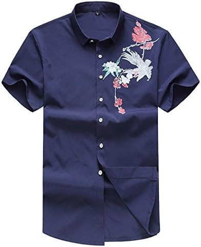 Mistere Young Men Print Shirt Wild Solid Color Short Sleeve Personalized Cardigan Shirt,Navy Blue,L