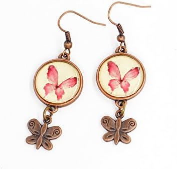 E1 Unique Fashion Rose Pink Fuchsia Butterfly Nature Photo Print Epoxy Resine Earrings Handmade Jewelry Gift for women Exclusive Pattern design dangle casual earrings