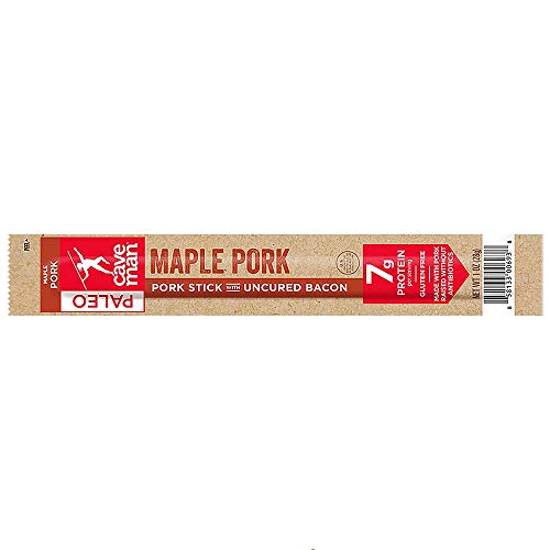 Caveman Foods Paleo - Certified, Keto Friendly, Gluten Free, Low Carb Maple Pork with Uncured Bacon Snack Stick, 1 Ounce, 20 count