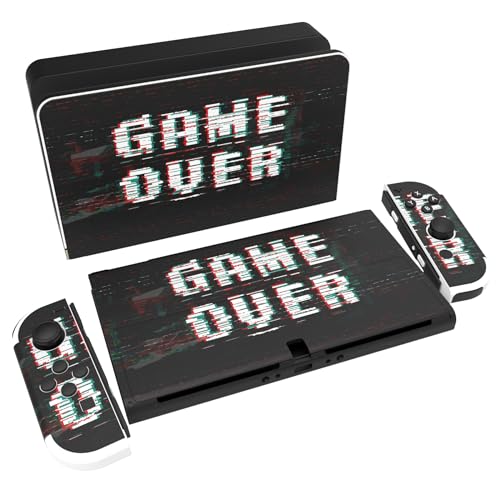 PlayVital Full Set Protective Stickers for Nintendo Switch OLED Model, Customized Vinyl Decal Skins for Switch OLED Console & Joycon & Dock & Grip - Game Over Glitch