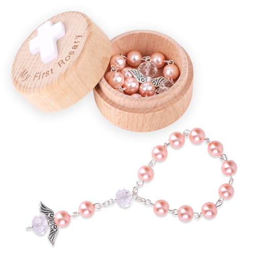 Fukaisu My First Rosary Baptism Gifts, Baptism Memorial Box & Rosary Bracelet with Angel Wings Catholic First Communion Christening Beads Gifting Set for Baby Shower