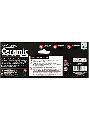 Mont Marte Ceramic & Porcelain Paint Set - 6 Pieces x 20ml - Water Resistant Ceramic Colors Paints - Ideal for Painting Cups, Vases and Bowls - Perfect for Beginners and Professionals