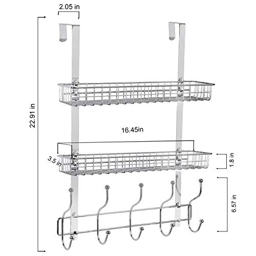 Coat Rack, MILIJIA Over The Door Hanger with Mesh Basket, Detachable Storage Shelf for Towels, Hats, Handbags, Coats (Chrome-2 Layer)