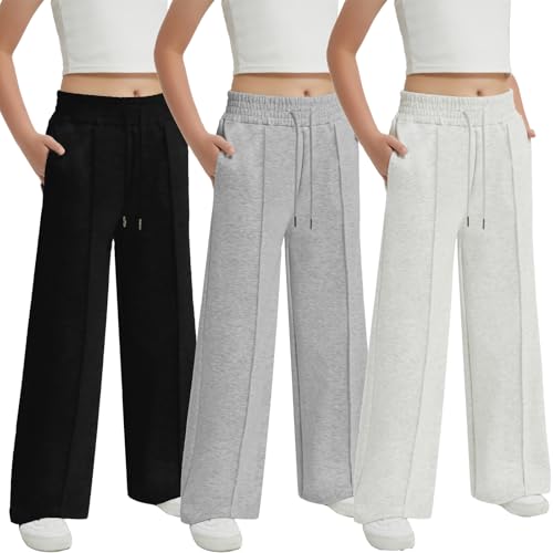 EXARUS Girls Sweatpants Front Seam Drawstring High Waist Wide Leg Sweat Pants Baggy Causal Kids High Waisted 6-14Y