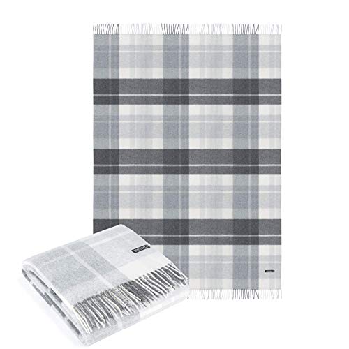 Cashmere Merino Wool Throw Blanket Plaid Grey White 55" x