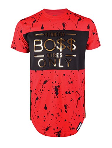 SCREENSHOTBRAND-762 Mens Hipster Hip-Hop Premiun Tees - Luxury Longline Embossed Gold Print T-Shirts Boss Vibes-Red-Large