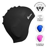 Shvim Swim Shower Cap For Women Men For Long Hair With Ear Protect Pouch - Allergy Free Waterproof Premium Anti Rip Silicone Bathing Beach Cap Hat - Bundle Combo With Nose Clip + Pair Of Ear Plugs