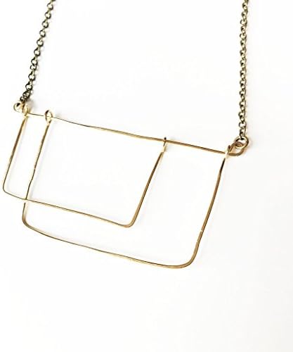 Dancing Necklace - Open Rectangle Geometric Necklace Gold Brass Statement 24" Long 3" Wide Antique Brush Brass Chain