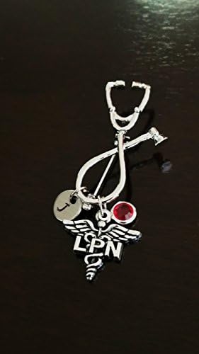 LPN Licensed Practical Nurse Medical Stethoscope Handstamped Personalized Initial Letter Birthstone Graduation Gift Brooch Pin