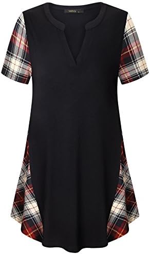 Vafoly Women Casual Tunic Tops, Women's Short Sleeve Casual Plaid Tunic Tops Loose Fit T-Shirt Tops Black XXL