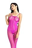 Amoretu Womens Striped Lingerie Lace Bodysuits Crotchless Bodystocking Purple