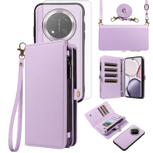 Asuwish Phone Case for Honor Magic7 Lite/Magic 7 Lite/X9C/X60 Pro Zipper Wallet Detachable Cell Cover with Screen Protector Crossbody Lanyard Strap Flip Card Holder Slot 7Lite HonorX9C Purple