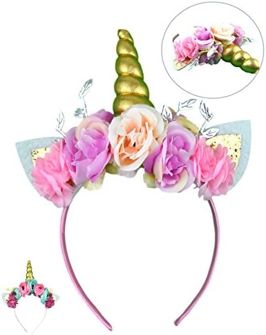 AmCute Girls Unicorn Headband - Unicorn Party Hat for Unicorn Birthday Party Costume (Gold Horn Lilac Pink Flower Headband)