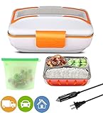 Electric Lunch Box Food Heater 2 in 1 for Car/Truck 12V and Office 110 V Stainless Steel Container Bonus Eco-Friendly Reusable Food Bag for Soup/Fruits