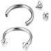 FIBO STEEL 316L Stainless Steel 2Pcs 16G Horseshoe Lip Nipple Eyebrow Ring Nose Daith Ear Cartilage Helix Piercing Hoop Rings 3mm Cubic Zirconia Inlaid, 8mm Bar Length