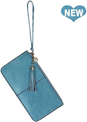 Lovena Soft Leather Wristlet Smartphone Zipper Wallet Tassel Wristlet (Teal Blue)