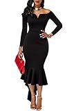 ONLYSHE Womens Off The Shoulder High Low Bodycon Mermaid Evening Party Midi Dress