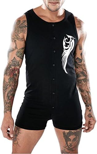 Fensajomon Men's Regular Fit Print Sleeveless Button Up Casual Short Jumpsuit Romper