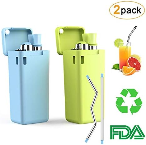 2-Pack Collapsible Reusable Straw, Composed of Stainless Steel and Food-grade Silicone, Portable Set with Hard Case Holder and Cleaning Brush, For Party, Travel, Household, Outdoor, etc (Green& Blue)