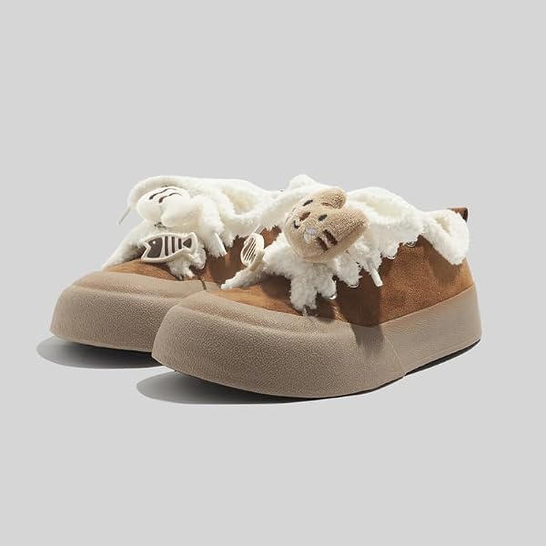 CAT SHOES WALKING SNEAKERS FOR WOMEN PLATFORM Y2K FUR LINED CUTE FISH CAT DECOR SOFT COMFORTABLE US4-8 (BROWN,5.5)