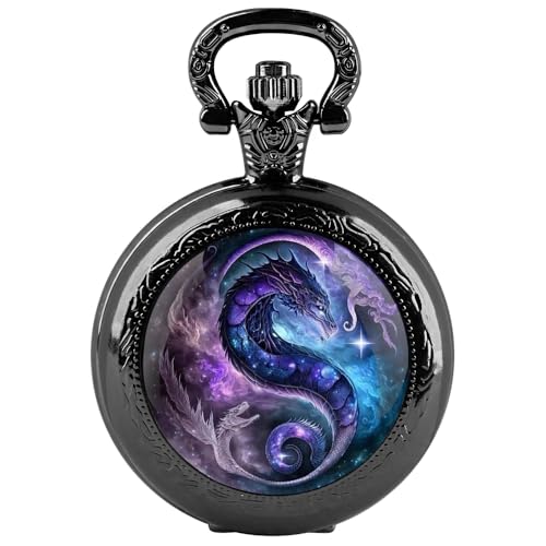 Teeamone Purple Dragon Design Glass Dome Exquisite Small Black Quartz Pocket Watch with Arabic Numerals Dial and Chain Ideal Gift for Any Occasion
